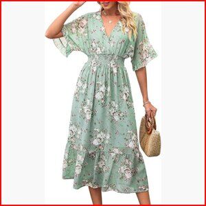Floral Midi Dress A-Line Chiffon Boho Casual Short Sleeve V-Neck